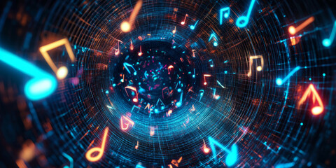 Obraz premium A mesmerizing 3D background displaying a swirling vortex of glowing neon musical notes, dynamically shifting with rhythm. The surreal, high-tech atmosphere creates an abstract representation of
