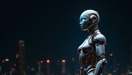 Fototapeta premium Futuristic blue robot cyborg with helmet and dark, space-inspired design