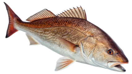 Fresh red drum, showcasing its streamlined body, metallic bronze and reddish hues, and distinctive black spot near the tail. Isolated on white background. Suitable for marketing or business purposes