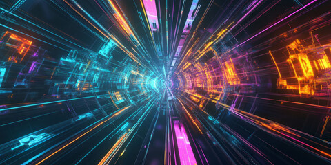 A surreal abstract background showcasing endless fractal formations seamlessly blending into a neon cybernetic expanse. The geometric precision and glowing transitions create an electrifying