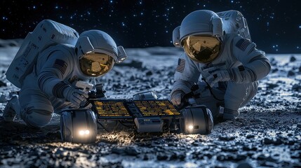Two astronauts on the moon working on a solar panel at night.