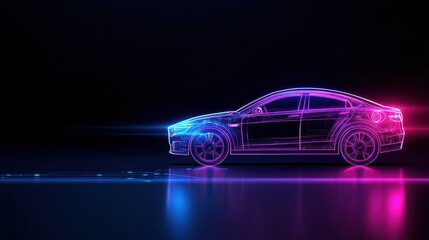 Naklejka premium A glowing, futuristic car rendered in vibrant neon colors against a dark background, showcasing a sleek, digital design.