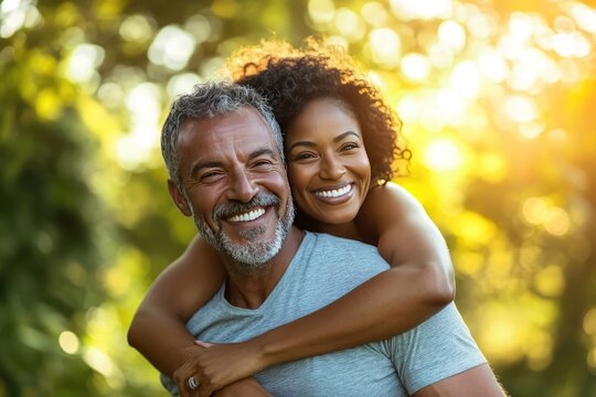 Joyful Senior Couple Embracing Outdoor Adventure and Playful Moments on a Sunny Relaxing Holiday Escape Filled with Laughter and Warm Memories