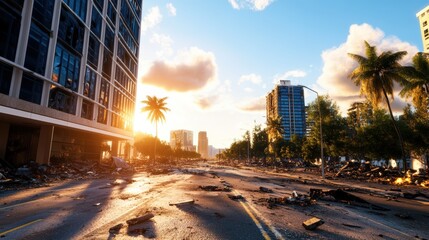 Obraz premium Street scene with debris palm trees and urban environment under clear sky