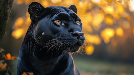 Black panther portrait in autumnal forest