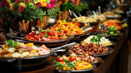 Abundant buffet table with various delicious dishes and fresh flowers.