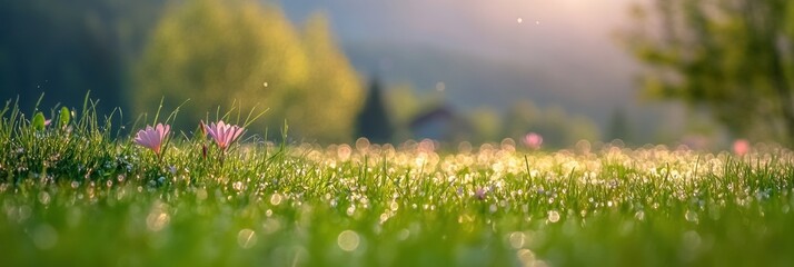 Green fresh grass lawn in Spring.