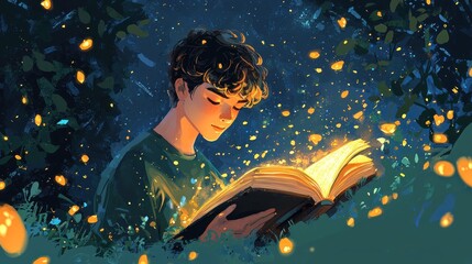 Boy reading magical glowing book surrounded by fireflies at night.