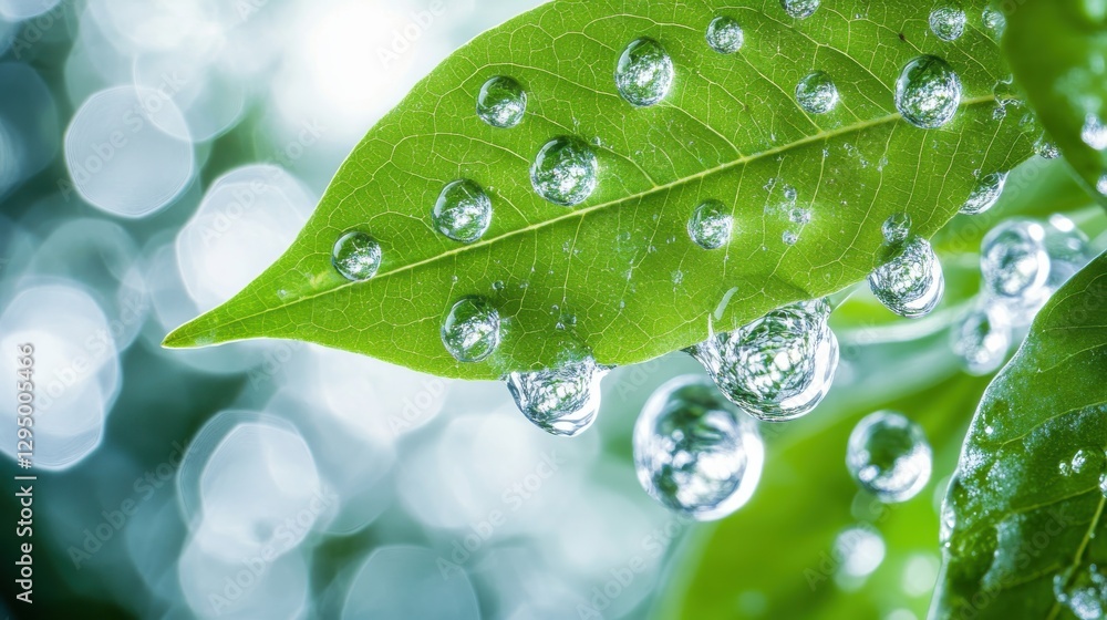 Poster close-up view of water drops on fresh green leaf with soft bokeh background for nature and environme