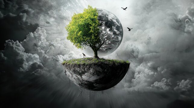 Lush green tree on a floating island, half-earth background, dramatic sky.