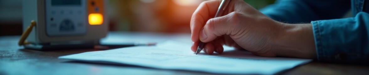 Close-up of hands writing notes, electricity meter visible in background , meter data, industrial equipment