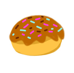 A crayon illustration of a sponge cake topped with chocolate glaze and raisins, with vibrant colors and no background, allowing the cake to stand out.

