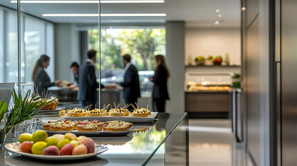 Fototapeta premium An assortment of miniature tarts and fruits are displayed in a professional setting, with people networking in the background.