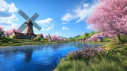 Serene Spring Landscape with Windmill and Cherry Blossom Trees