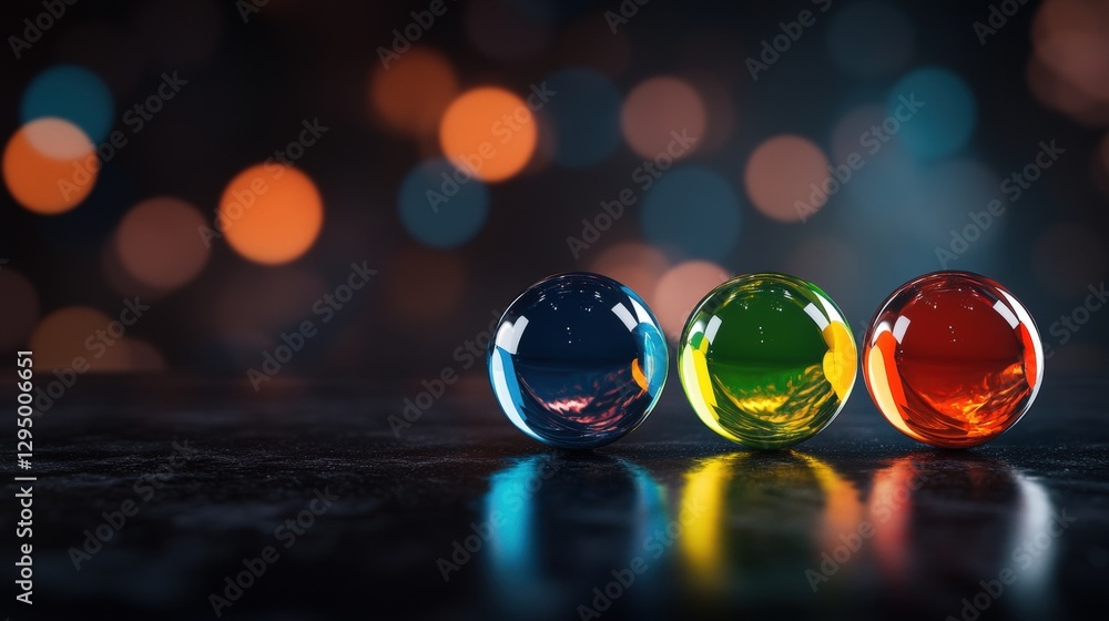 Poster three colorful marbles positioned on a smooth black surface creating an artistic composition