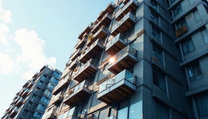 Modern apartment complex rising, steel beams visible, skyscraper, residential, site