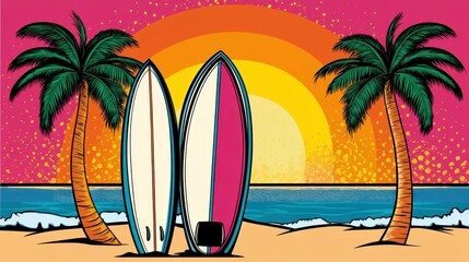 Vibrant Sunset with Surfboards and Palm Trees on Tropical Beach
