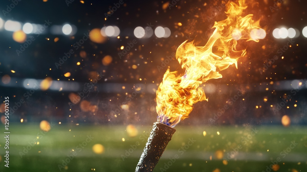 Poster fire torch burning in the air with a dark background and bright flames creating a dramatic effect