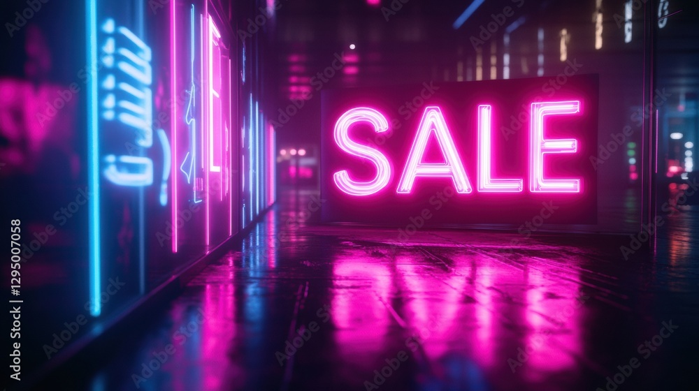 Poster brightly illuminated sale signage in a modern urban setting at night with colorful neon lights. gene