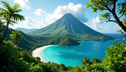 Towering volcano, tranquil turquoise lagoon, dense jungle, sky, texture