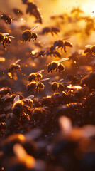 Fototapeta premium Bees gather in golden sunlight during sunset, creating a mesmerizing scene of nature's harmony and pollination's vital role in the ecosystem