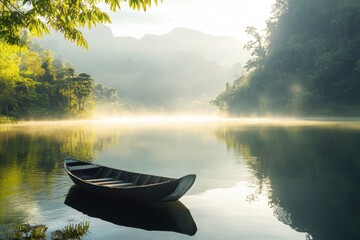 Fototapeta premium Wooden boat floating on a misty lake at sunrise with mountain view