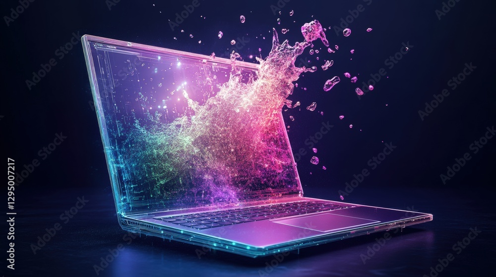 Poster laptop with water splash on the screen creating a dynamic and engaging visual effect