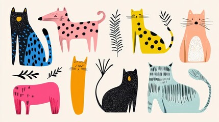 Colorful Hand-Drawn Cat and Dog Designs on a Light Background