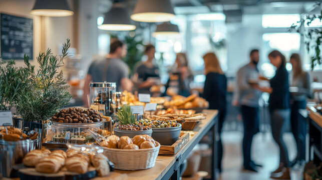 A bountiful selection of pastries and nuts on a buffet table in a bright cafe with blurred background of patrons mingling.