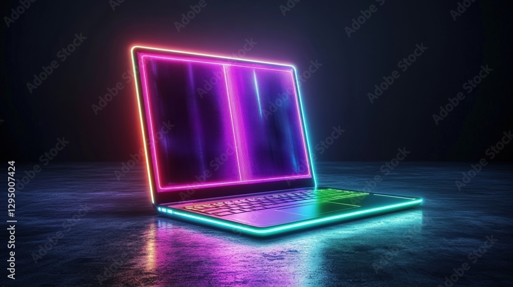 Poster laptop with neon lights displaying a photo on the screen in a dark environment
