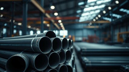 A stack of steel pipes in a warehouse or factory with a blurry background