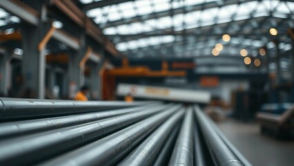 A stack of steel pipes in a warehouse or factory with a blurry background