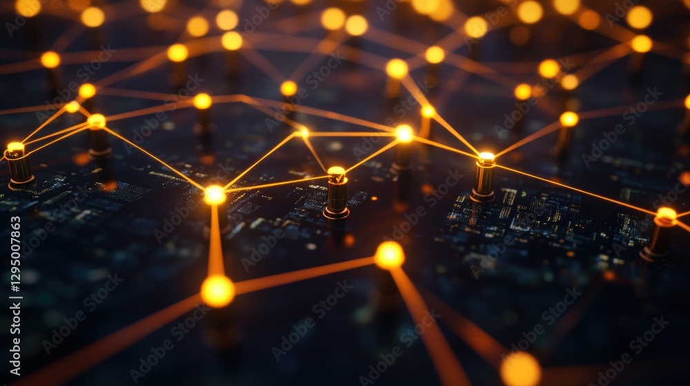 Poster network of lights and connections illustrating digital communication and technology in a modern abst