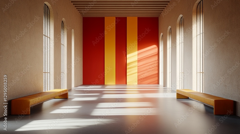 Poster sunlight streams through large windows in a modern room with vibrant red and yellow walls