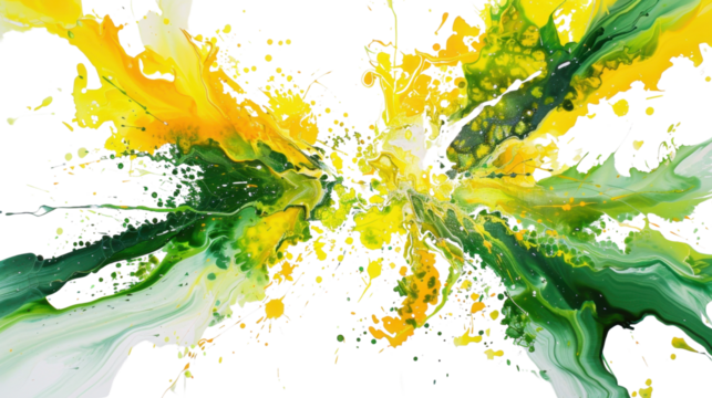 Green and yellow paint splashing on transparent background
