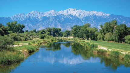Serene Mountain Landscape with Reflective River and Lush Greenery