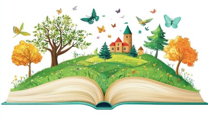 Open book revealing a vibrant fantasy landscape with trees, castle, butterflies, and hills.