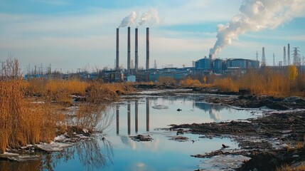 Obraz premium Environmental degradation in an industrial landscape highlighting pollution near a river during afternoon sunlight