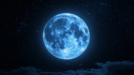 Obraz premium Enchanted Blue Moon Illuminating a Starry Night Sky with Wispy Clouds Below in a Tranquil Cosmic Scene