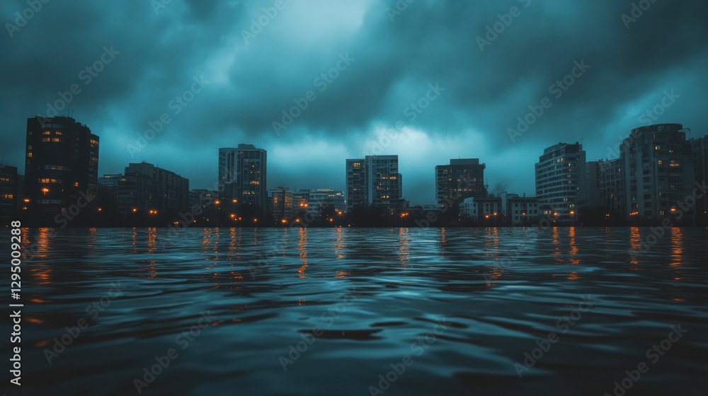 Poster flooded urban landscape with rooftops emerging from water under dramatic lighting and a moody sky. g