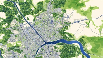 Aerial Map of Urban Area with River and Green Landscape