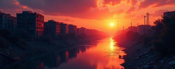Sun sets over ravaged city, its reflection distorting in murky canal , destroyed city,  water,  decay