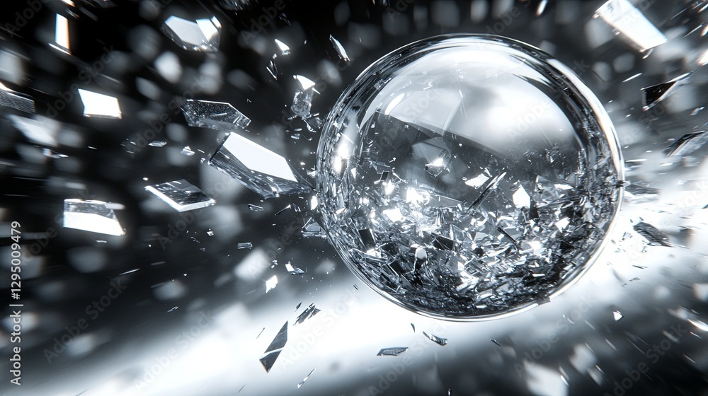 Aufkleber shattered crystal sphere surrounded by fragmented glass in dynamic motion captured in a dazzling dis