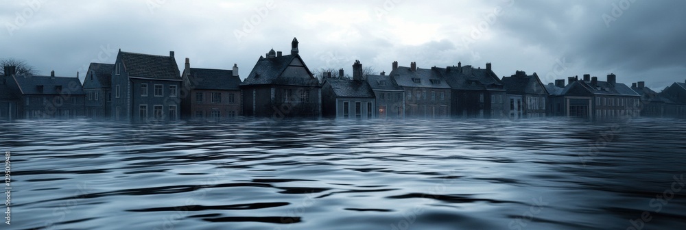 Poster urban landscape submerged in floodwaters with rooftops visible under a dramatic sky. generative ai
