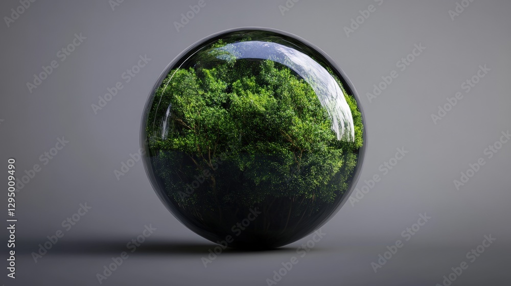 Poster glass sphere containing a miniature tree surrounded by soft natural lighting and a blurred backgroun