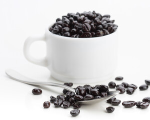 Freshly roasted coffee beans spilling from a cup onto a silver spoon