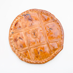 Delicious empanada on a clean white background showcasing its golden crust and filling