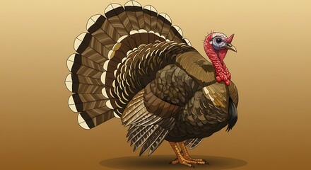 Turkey Bird Standing Profile Illustration with Brown Background for Thanksgiving Designs