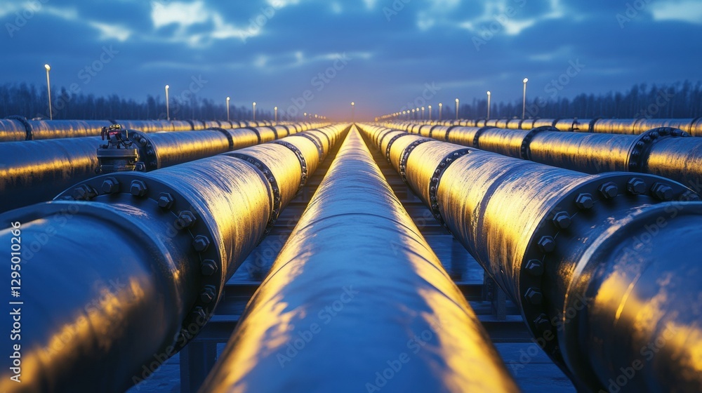 Leinwandbilder long gas pipelines extending towards the horizon in an industrial landscape during dusk. generative 
