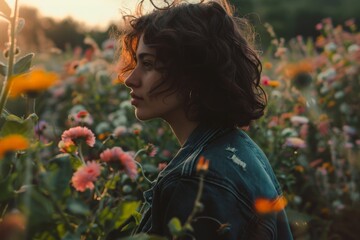 Naklejka premium Young Woman in a Field of Flowers